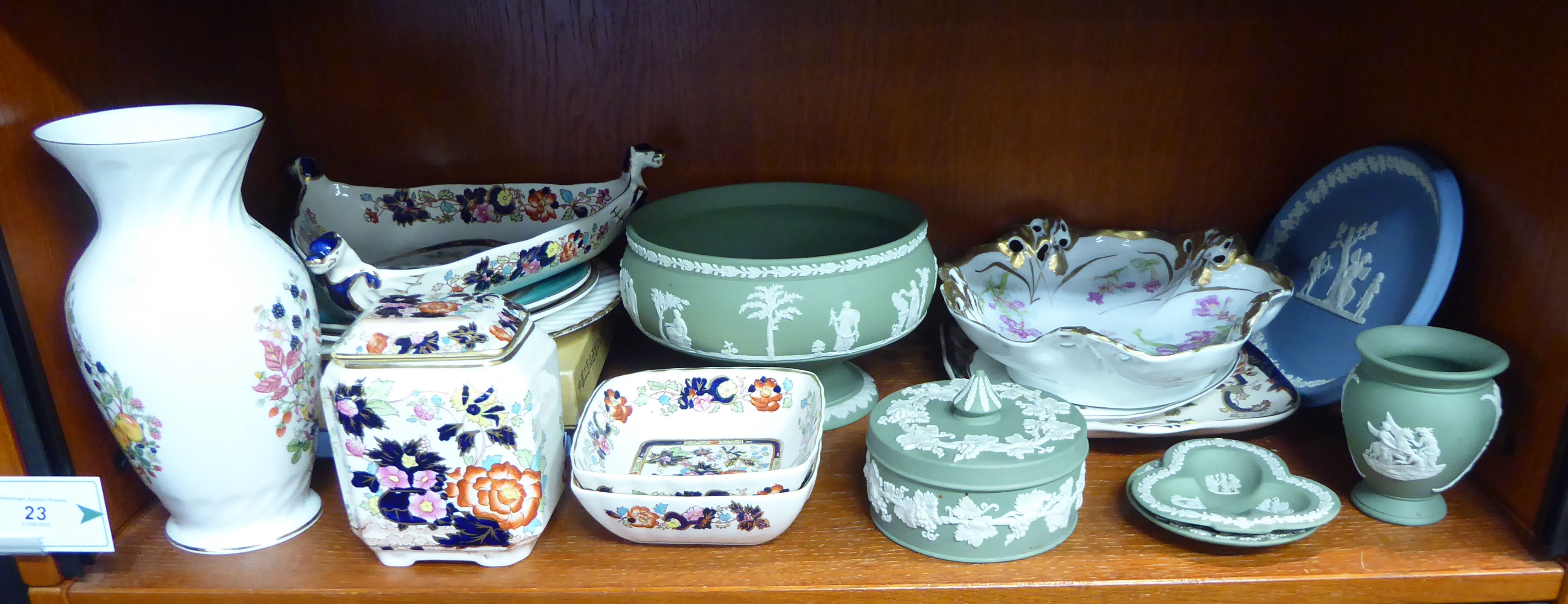 Decorative ceramics: to include a sage green coloured Wedgwood jasperware pedestal fruit bowl