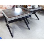 A pair of modern faux exotic wood veneered, silvered and black lacquered lamp tables,