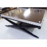 A modern faux exotic wood veneered, silvered and black lacquered coffee table,