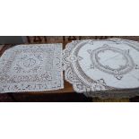 Two handmade linen table covers with crochet lace borders 38''sq & 68''dia OS8