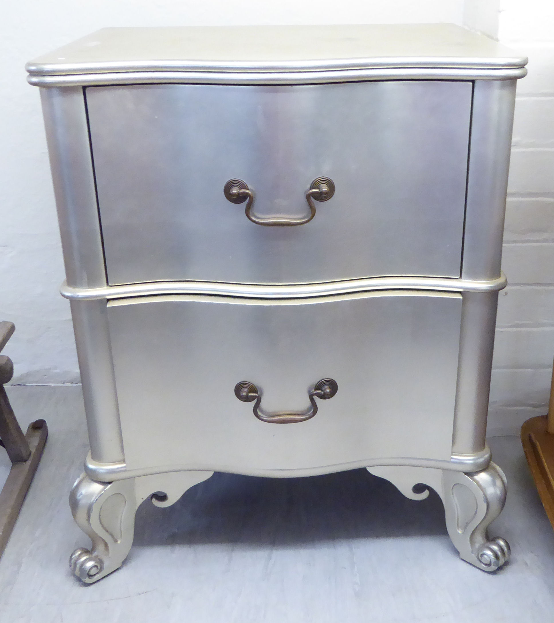 A pair of modern silver finished serpentine front, two drawer bedside cabinets with bail handles, - Image 2 of 2