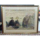 Guy Brown - a stylised shoreline scene watercolour bears a signature 21'' x 29'' framed RSB