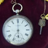 A silver cased pocket watch, the JW Benson movement, faced by a white enamel Roman dial,