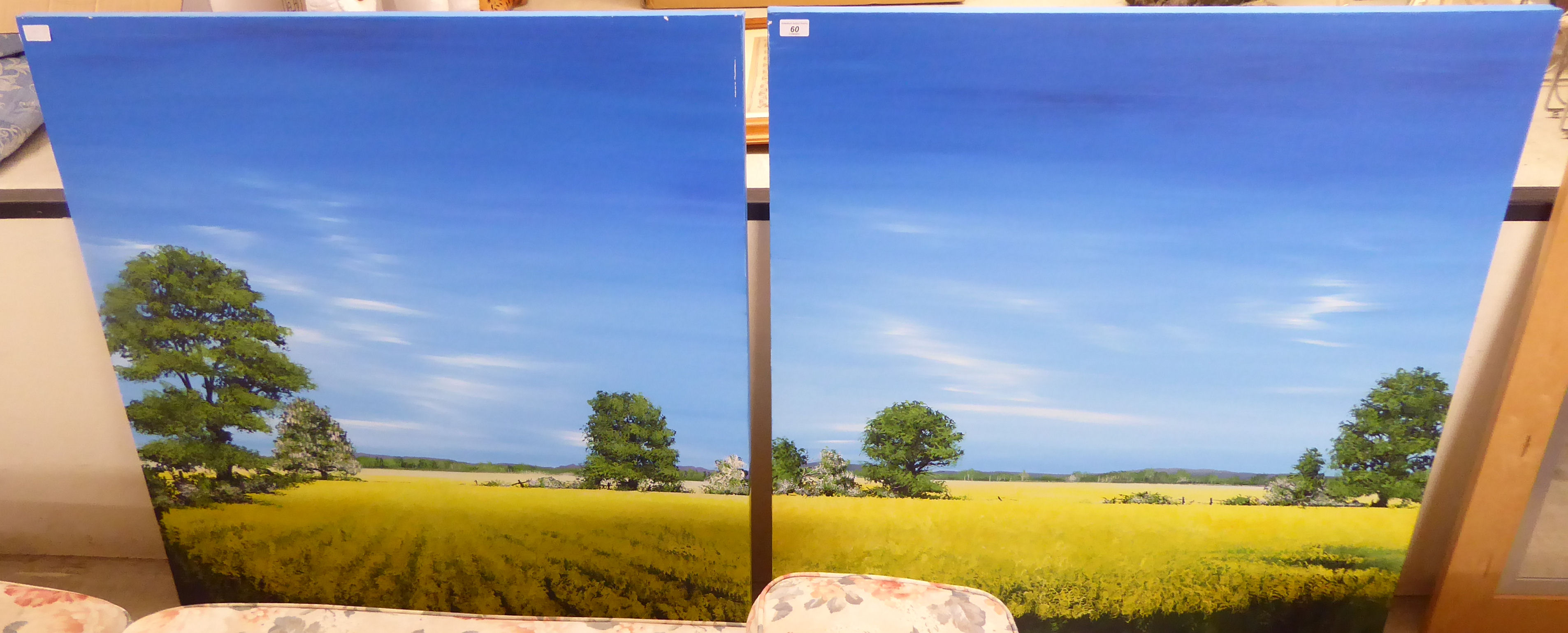 Simon Savage - a pair of landscapes with flowering rapeseed and trees oil on canvas one bears a