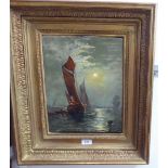 A late 19thC study of fishing boats at dusk oil on canvas 14'' x 11'' framed HSR