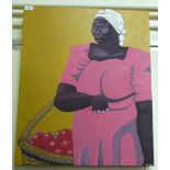 M Coto - a woman carrying a basket of fruit oil on canvas bears a signature 28'' x 23''
