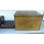 A late 19thC oak writing box with a recessed top handle and iron lock 3.