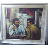 20thC European School - chess players oil on canvas bears an indistinct signature & inscription