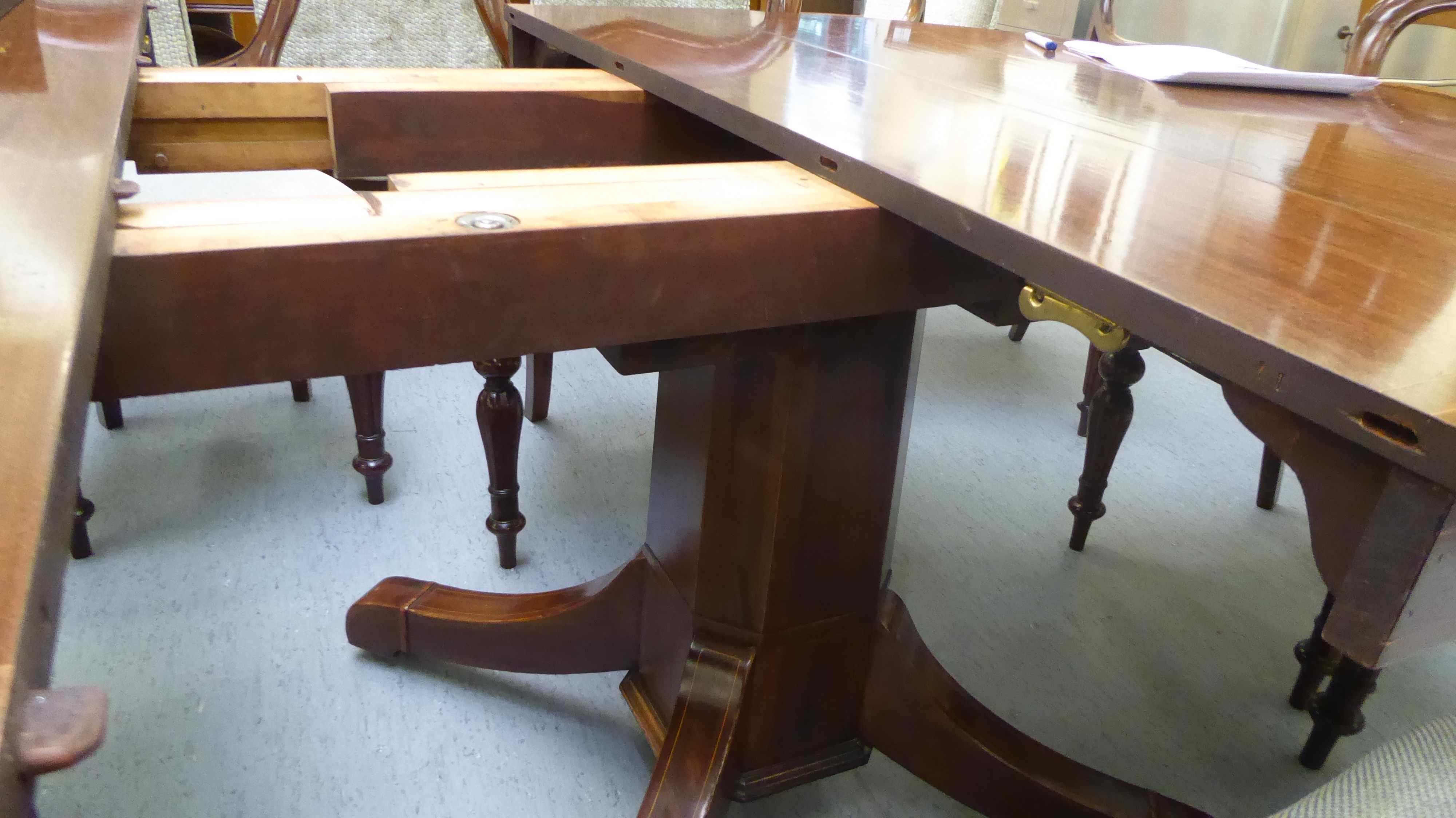 An Edwardian satinwood inlaid mahogany dining table, the top with D-shaped ends, - Image 9 of 9