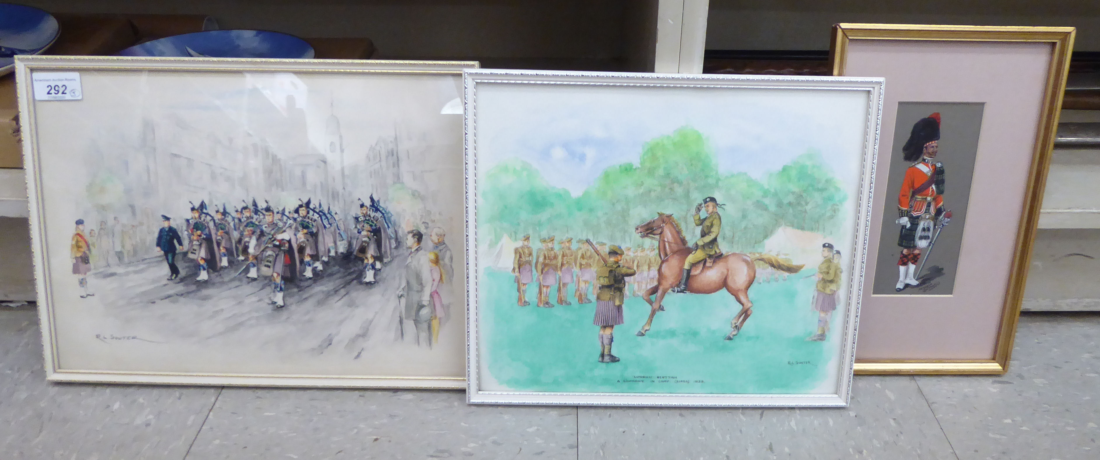Military drawings: to include RL Souter - a Scottish marching band watercolour bears a signature