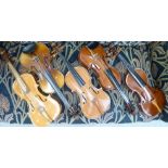 Five similar 20thC pine and other violins with one or two piece 14'' backs CA