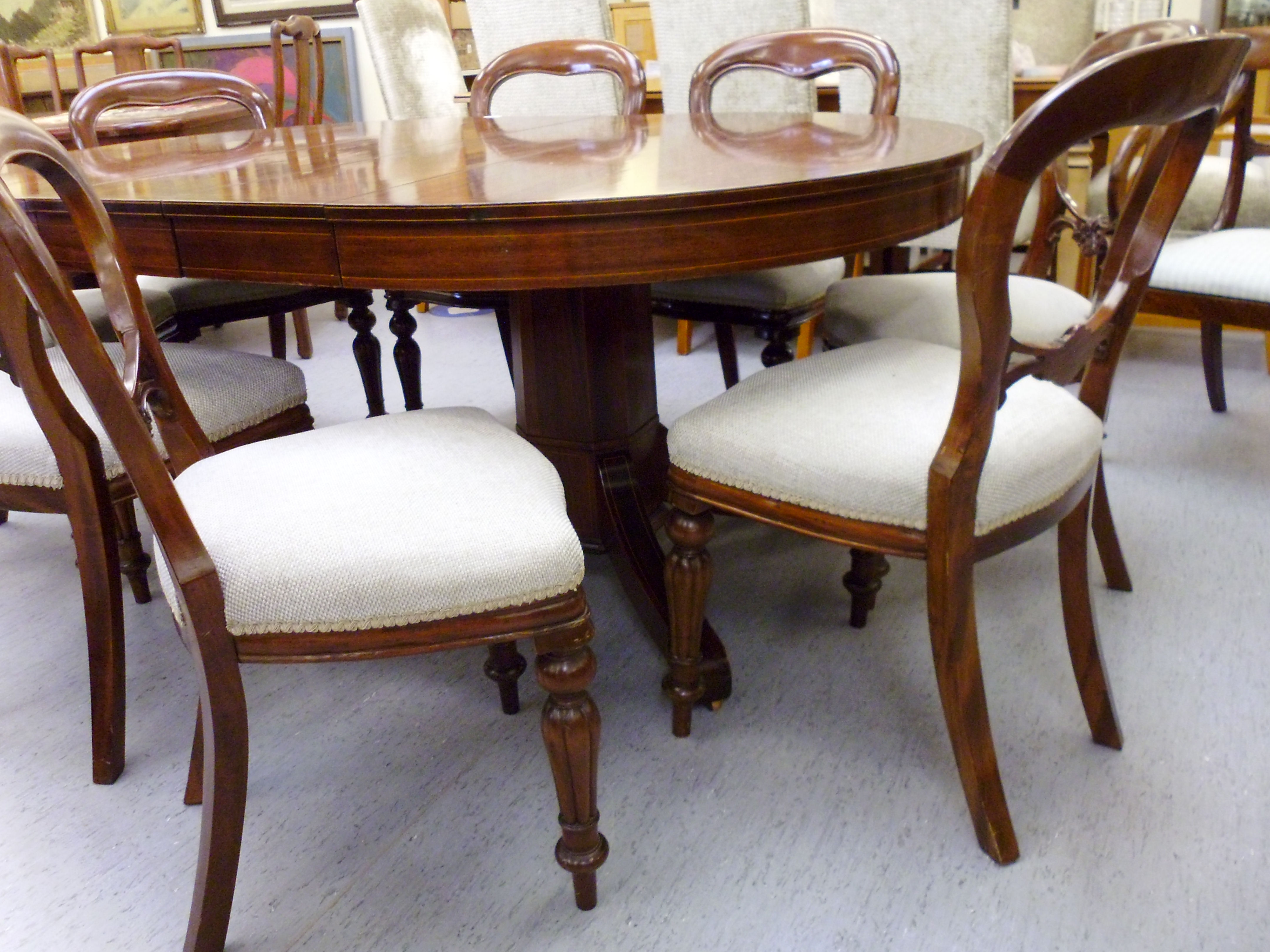 An Edwardian satinwood inlaid mahogany dining table, the top with D-shaped ends, - Image 3 of 9