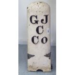 A white and black painted cast iron road marker inscribed CJ C CO 17''h CA