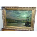 20thC British School - an enclosed city harbour at dusk oil on canvas 23'' x 35'' framed RSM