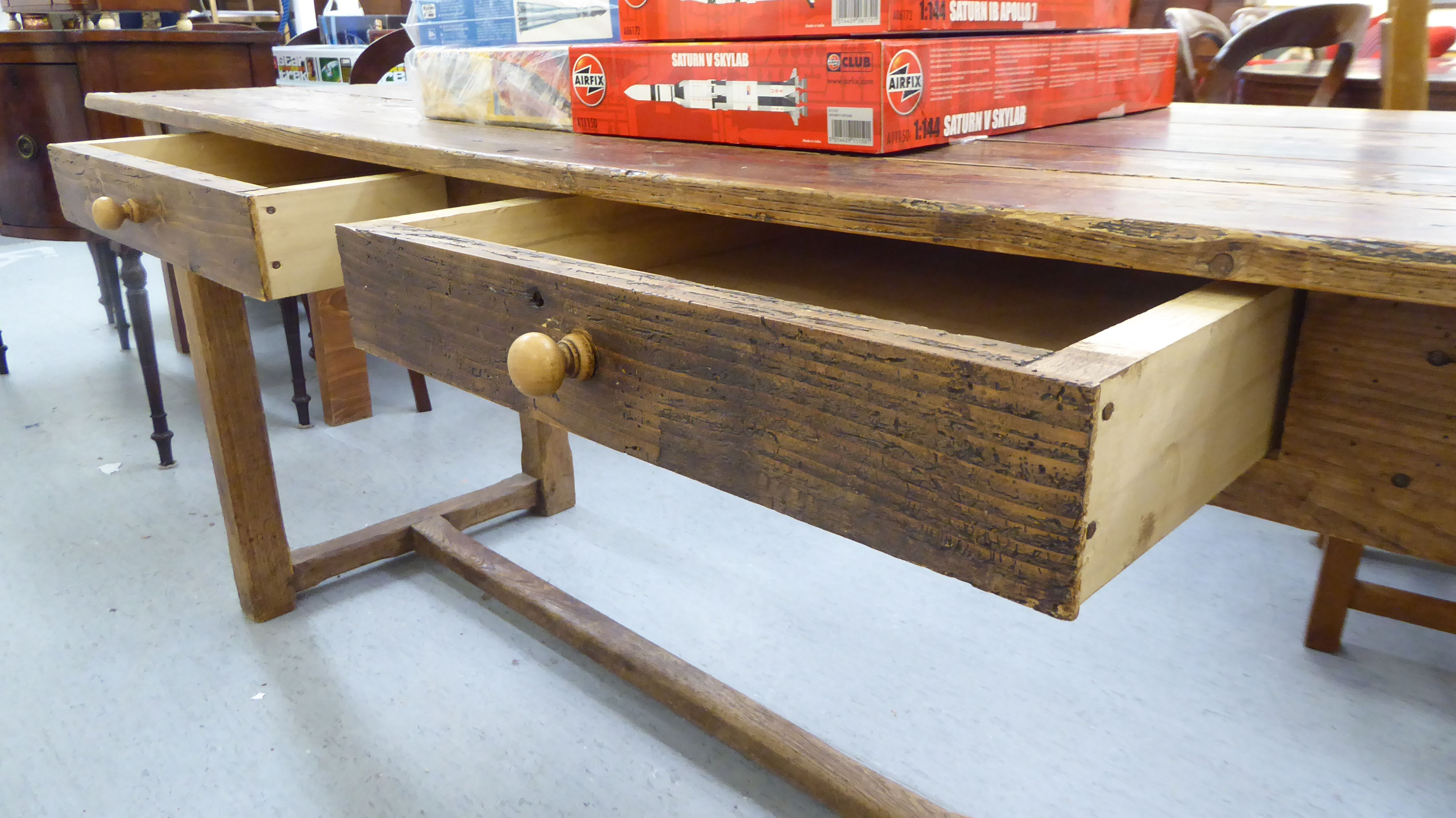 A 20thC rustically constructed pine farmhouse style kitchen table, - Image 3 of 3