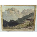 Early 20thC Continental School - an Alpine scene with a chalet in the foreground oil on canvas