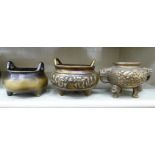 Three dissimilar Oriental cast bronze censers,