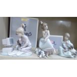 Three Lladro porcelain groups: to include a young girl and a puppy, sitting before a PC, model no.