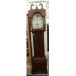 An early 19thC oak longcase clock, the hood having a swan neck pediment, over an arched window,