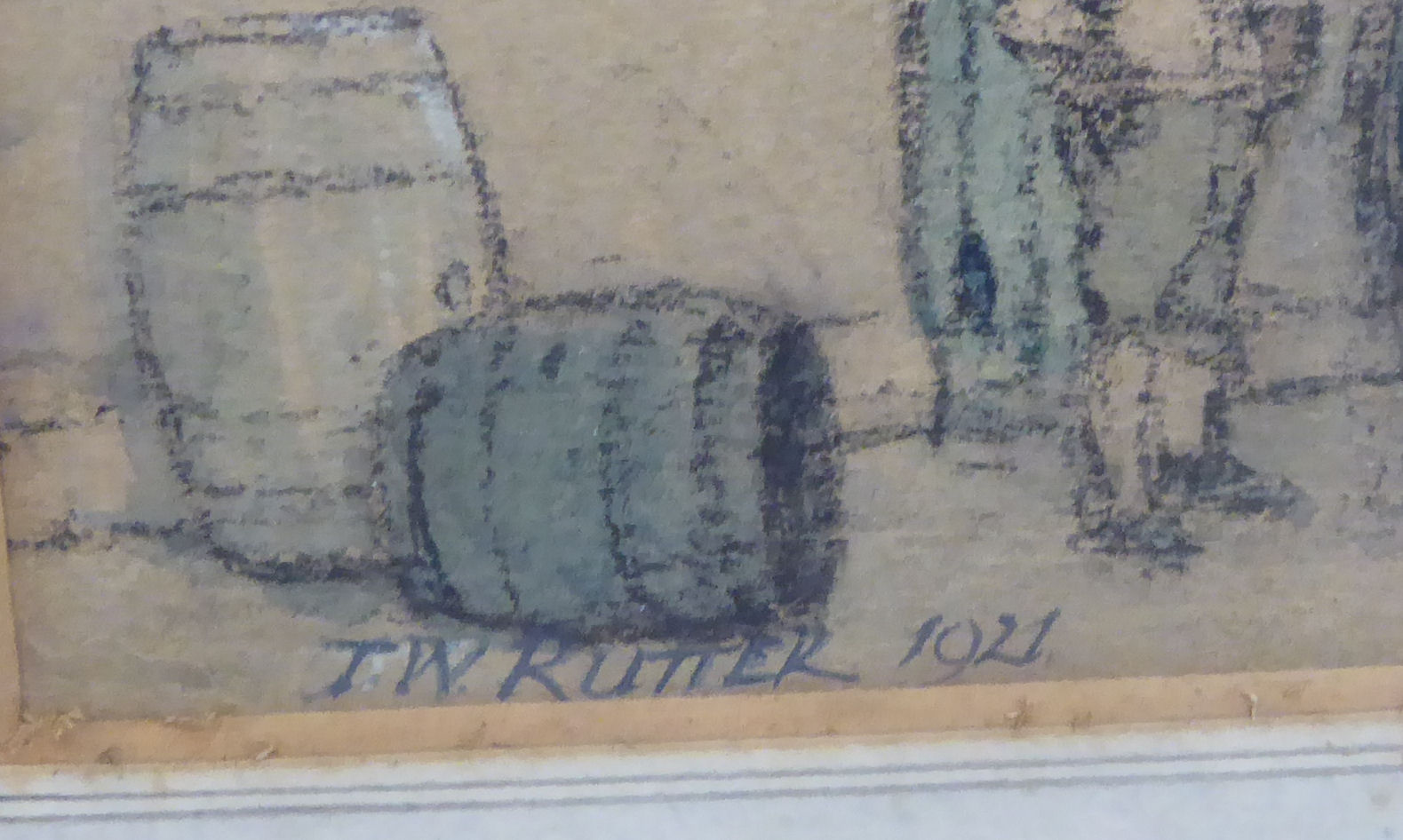 TW Rutter - draymen unloading barrels pastel/watercolour bears a signature & dated 1921 16'' x - Image 3 of 3