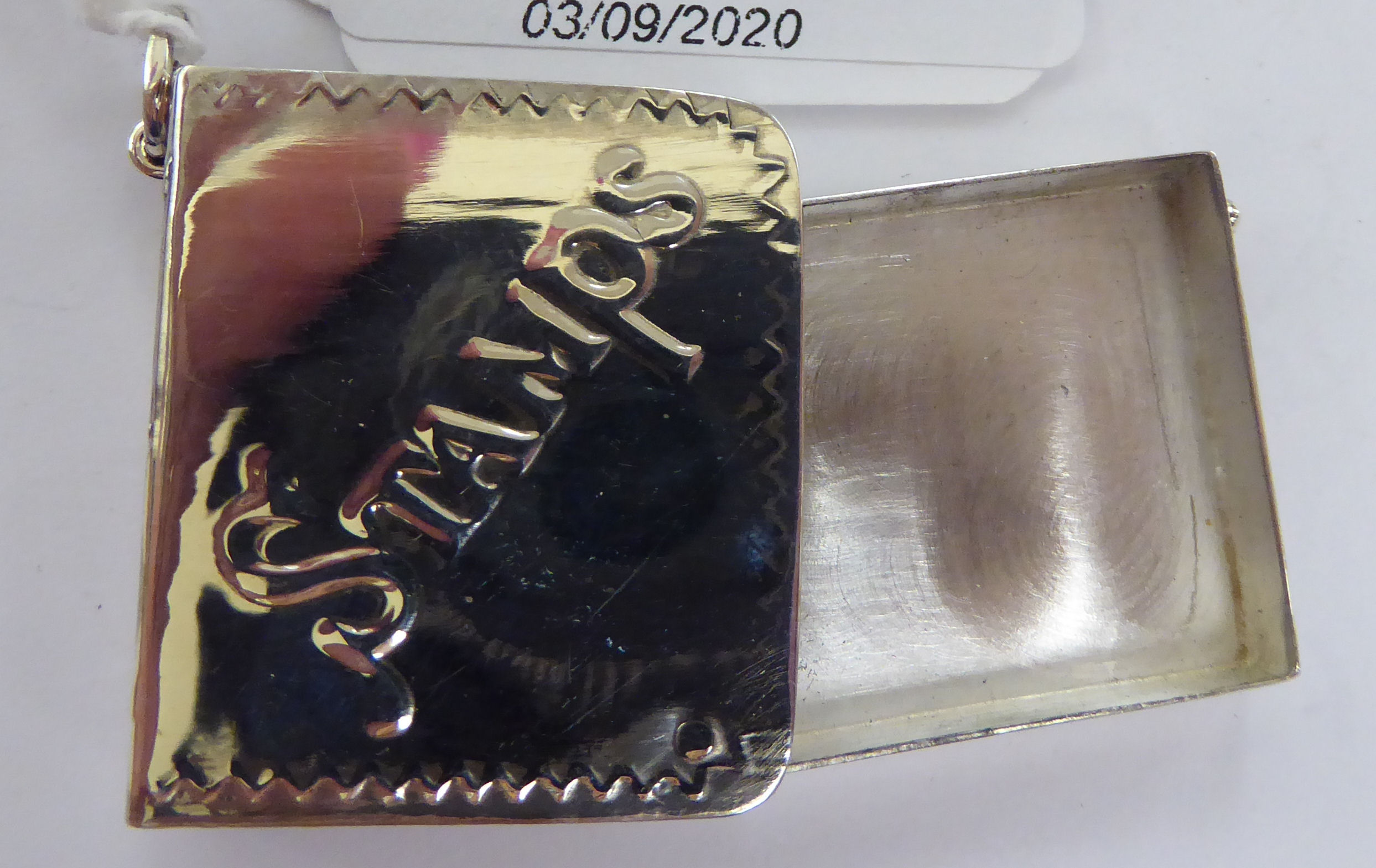 A silver postage stamp box, fashioned as a book with a rotating cover, - Image 3 of 3
