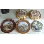 Five Prattware pot lids (four framed): to include County Quarters 5''dia OS1