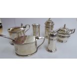 Ten various silver condiments pots and a silver vase design caster,