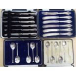 Two part sets of five silver seal terminal teaspoons; a set of six steel tea knives,