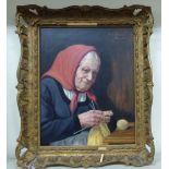 Fritz Muller - a portrait of an elderly woman knitting oil on board bears a signature & label