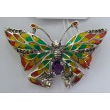 A silver and plique a jour butterfly brooch,