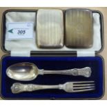 A mid 19thC matched silver Queen's pattern dessert spoon and fork cased; and a silver, folding,