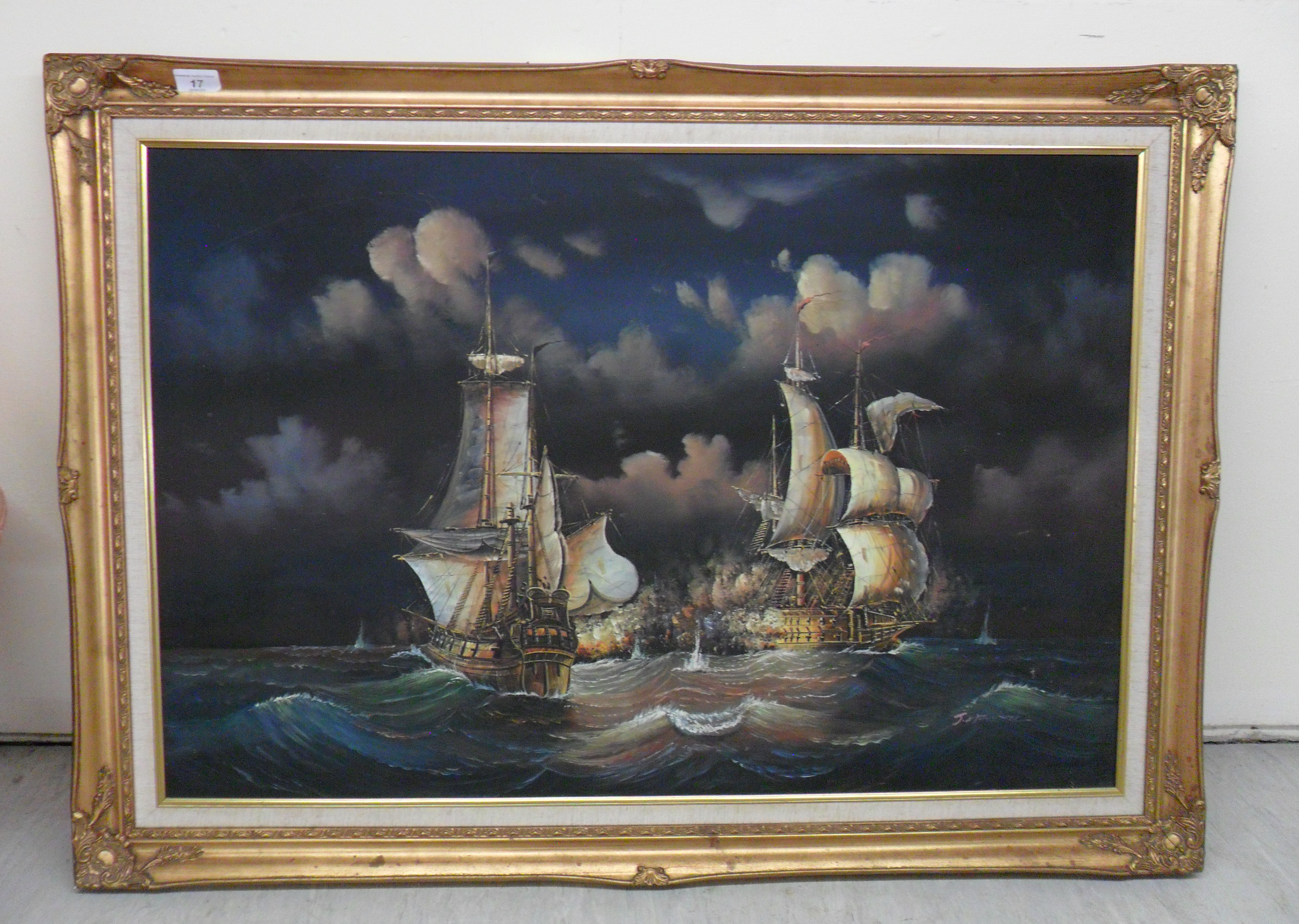 J Han*** - two man-o'-war engaged in a sea battle oil on canvas bears a signature 24'' x 35''