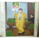 In the manner of Fernando Botero - a smartly dressed Columbian playing pool oil on canvas bears a