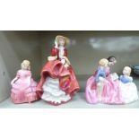 Three Royal Doulton china figures, viz. 'Rose' HN1368 5''h; 'Bedtime Story' 5.