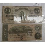 An 1864 Confederate $50 note;