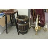 Three pieces of small furniture: to include an early 20thC brass bound coopered bucket with a swing