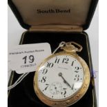 An early 20thC South Bend gold plated pocket watch,