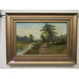 20thC British School - a lone figure walking on a river bank with woodland beyond oil on canvas