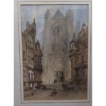 In the manner of Paul Marny - a cathedral with a busy street scene in the foreground watercolour