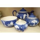 Wedgwood blue jasper stoneware tea set comprising a teapot, sugar basin,