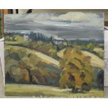 Attributed to Casper Johnson - a landscape oil on canvas bears a printed bio verso 22'' x 26''