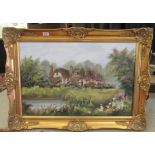 Pat Langton - a country house beside a pond oil on canvas bears a signature 19'' x 30'' framed