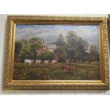 20thC British School - grazing cattle beside a cottage with woodland beyond oil on canvas 23'' x