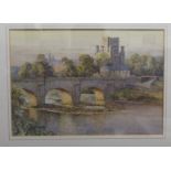 Fred Graham - a castle view with a bridge and river in the foreground watercolour bears a