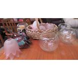 Interior furnishings: to include a set of three coloured glass set pottery fish largest 8''h;
