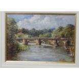 David Rust - a riverscape with a bridge and moored craft oil on canvas bears a signature 9'' x