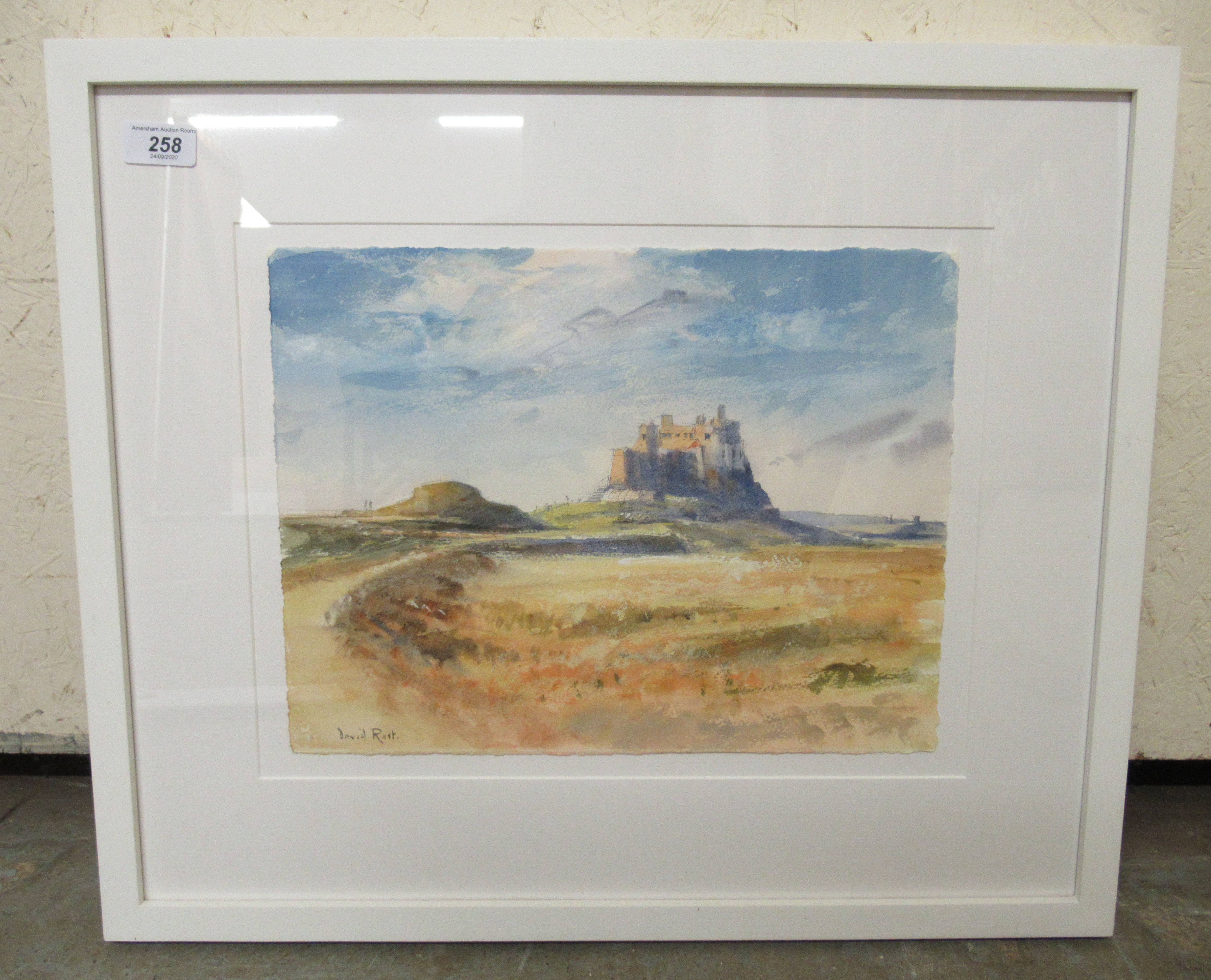 David Rust - a lone building on a headland watercolour bears a signature 10. - Image 4 of 4