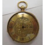 An 18ct gold, slim cased, pocket watch with bright floral engraved decoration,