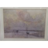 LG Linnell - sailing boats at the river edge watercolour bears a signature 9'' x 13'' framed