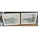 Two modern Japanese School - mountainous landscapes watercolour on fabric bears text 9'' x 14''